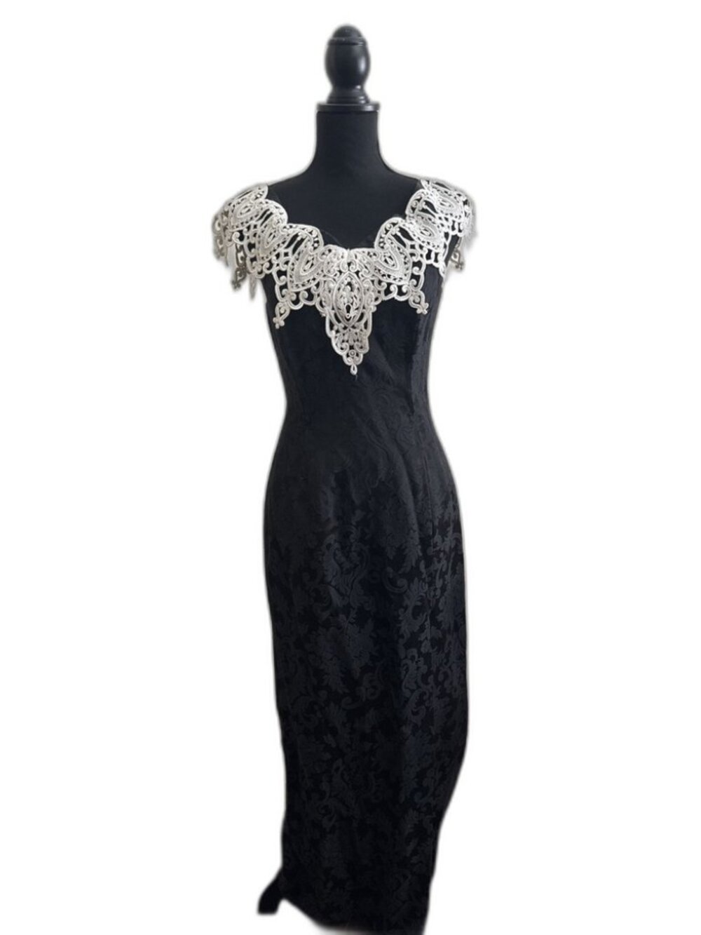 Vintage Jessica McClintock Gunne Sax Black Damask Evening Gown - White Lace Coll